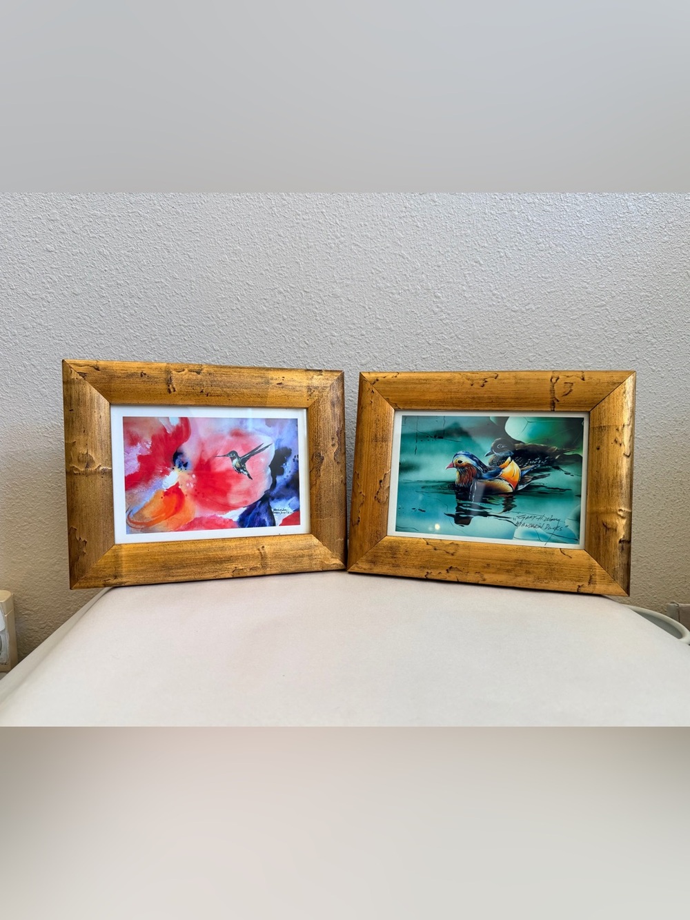 Gary H. Wong Watercolor Prints Pair Mandarin Ducks Hummingbird Framed Vintage